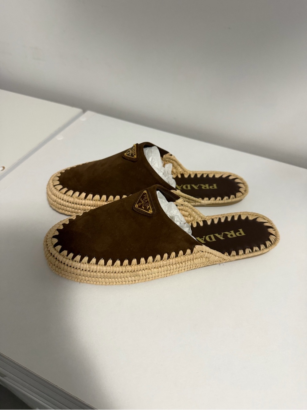 Prada Brown Suede Espadrille Slip-On Mules with Beige Trim - Picture 2 of 2